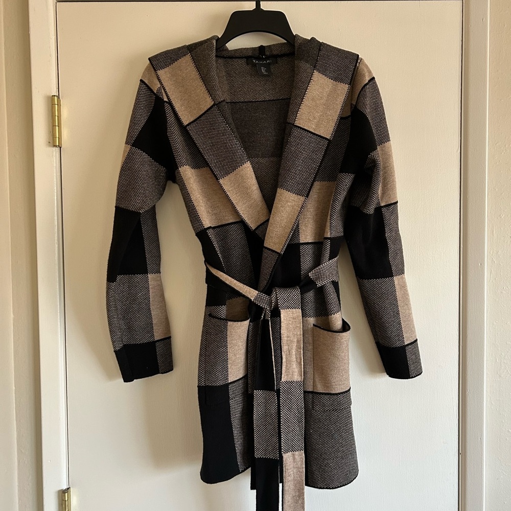 Tahari Plaid Hooded Cardigan with Belt